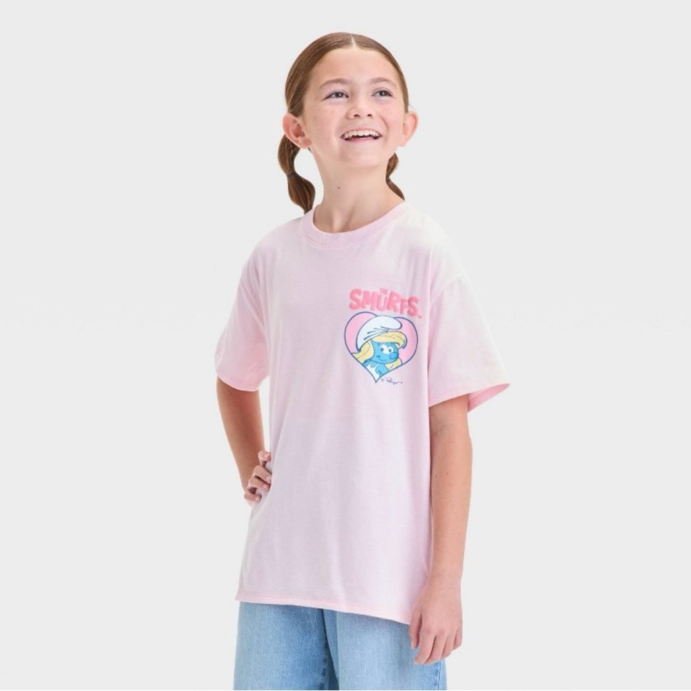 NEW Smurfs Girls' Oversized Fit Valentine's Day Pink T-Shirt Medium